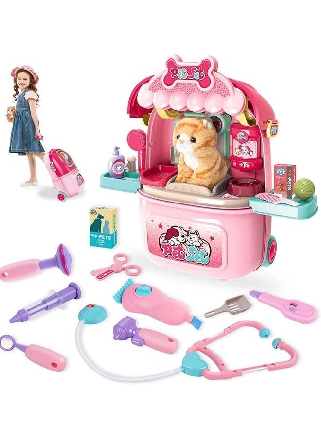 BAYBEE 2 In 1 Trolley Cat Pet Care Doctor Set For Kids With Backpack Cat Care Doctor Playset Pretend Play Toys Pretend Role Play Toys Medical Doctor Play Set Toy For Kids 2+ Years Boys Girls Pink  - Image 1