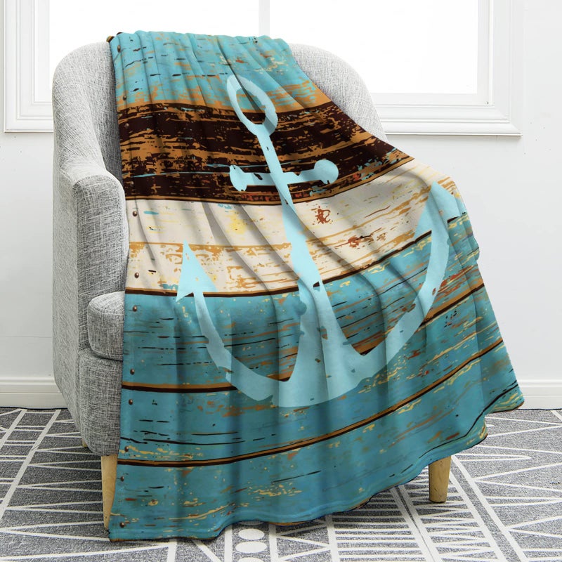 Jekeno Nautical Anchor Blanket Rustic Wood Anchor Print Gifts for Women Kids Boys Men Home Bedroom Living Room Decor Soft Cozy Lightweight Throw Blankets Blue 60""x80"" - Image 1