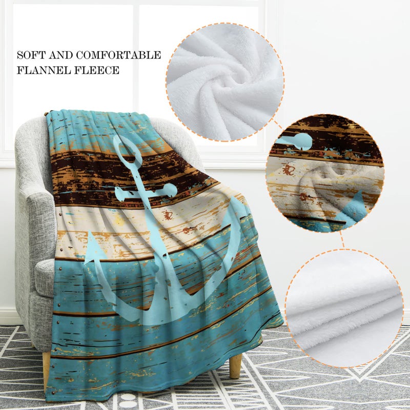 Jekeno Nautical Anchor Blanket Rustic Wood Anchor Print Gifts for Women Kids Boys Men Home Bedroom Living Room Decor Soft Cozy Lightweight Throw Blankets Blue 60""x80"" - Image 3