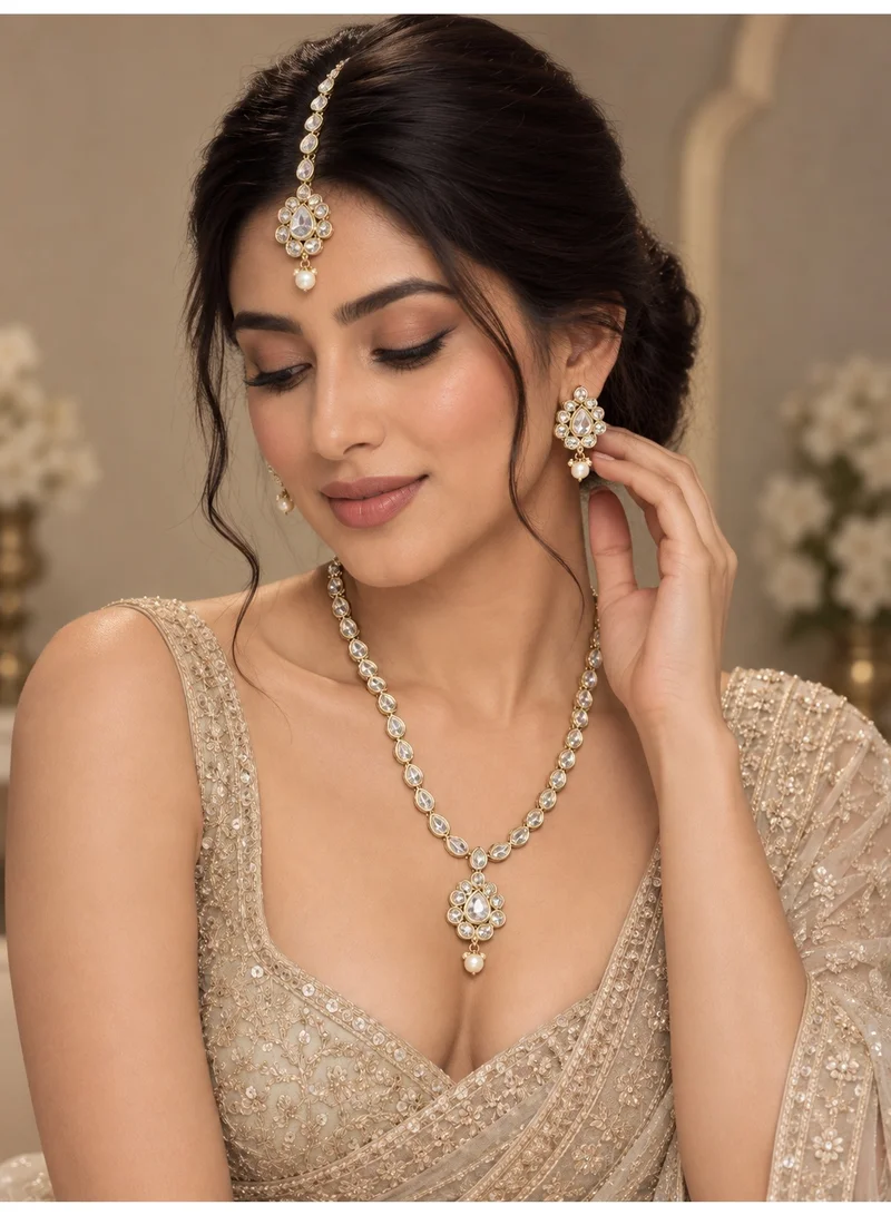 Lehar White Kundan Necklace Set with Earrings & Maang Tikka - Gold Tone Indian Bridal Jewelry