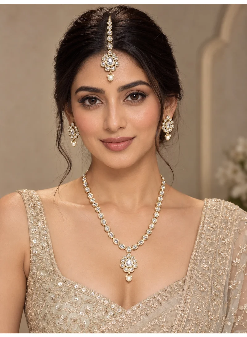 Lehar White Kundan Necklace Set with Earrings & Maang Tikka - Gold Tone Indian Bridal Jewelry