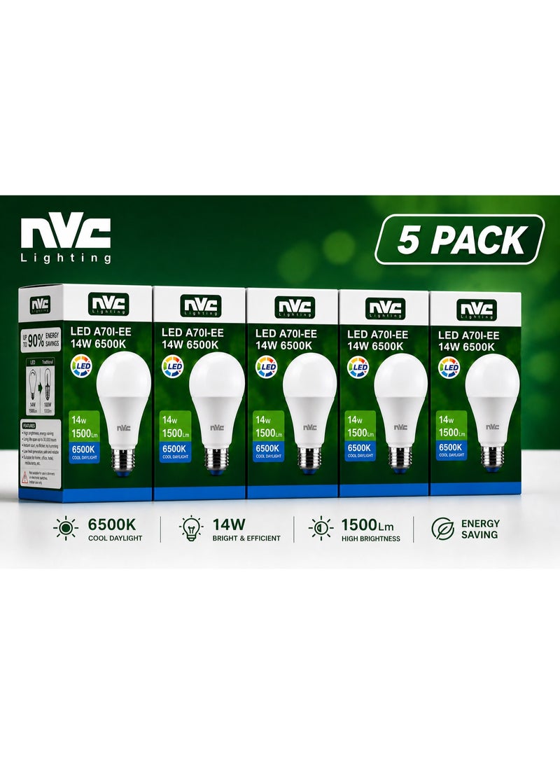 NVC 5-Pack NVC A Bulb LED A70I-EE 14W 6500K E27 Ultra Bright High Efficiency (Living Room/ Café / Office) - Image 1