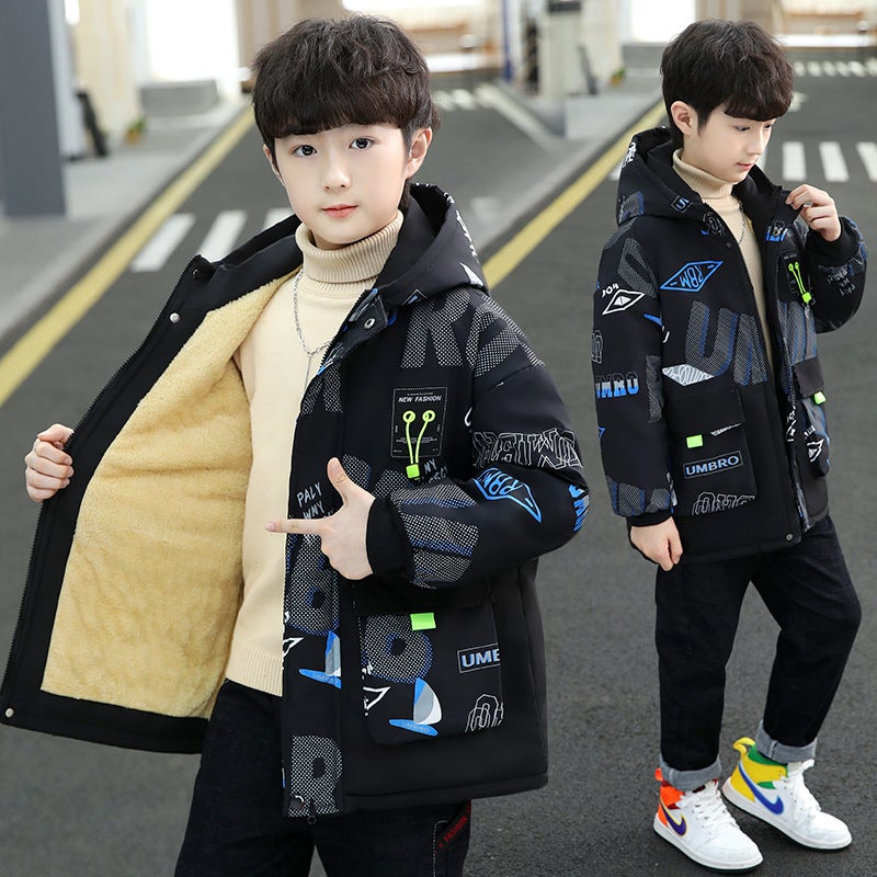 Boys' Thickened Trendy Fleece-Lined Jacket Children'S Winter Clothing Stylish Cotton-Padded Jacket For Older Children - Image 3