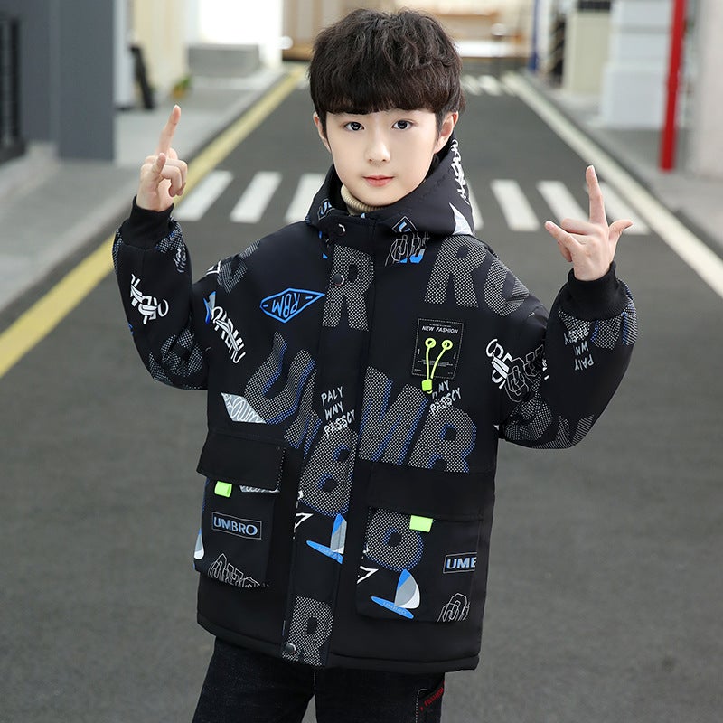 Boys' Thickened Trendy Fleece-Lined Jacket Children'S Winter Clothing Stylish Cotton-Padded Jacket For Older Children - Image 1