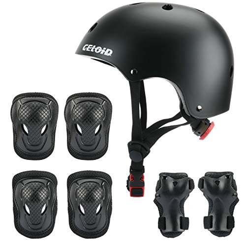 CELOID Kids Helmet Pad Set,Adjustable Kids Skateboard Bike Helmet Knee & Elbow Pads Wrist Guards 8-14yrs Youth Protective Gear Set for Girls Boys Bicycle Bike Roller Skating Scooter Rollerblade Sport - Image 1