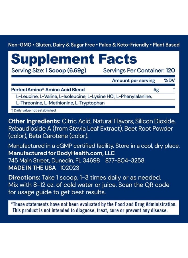 BODYHEALTH - PerfectAmino Powder Strawberry (30 Servings) Best Pre/Post Workout Recovery Drink, 8 Essential Amino Acids Energy Supplement with 50% BCAAs, 100% Organic, 99% Utilization - Image 1