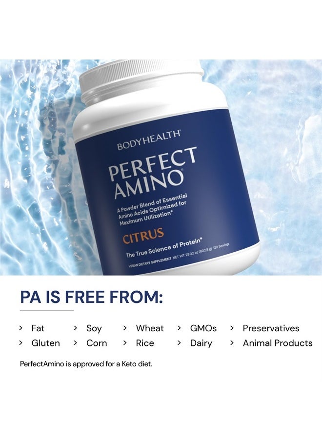 BODYHEALTH - PerfectAmino Powder Strawberry (30 Servings) Best Pre/Post Workout Recovery Drink, 8 Essential Amino Acids Energy Supplement with 50% BCAAs, 100% Organic, 99% Utilization - Image 1