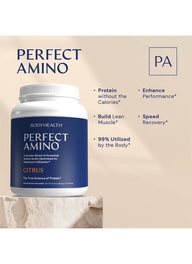 BODYHEALTH - PerfectAmino Powder Strawberry (30 Servings) Best Pre/Post Workout Recovery Drink, 8 Essential Amino Acids Energy Supplement with 50% BCAAs, 100% Organic, 99% Utilization - Image 1