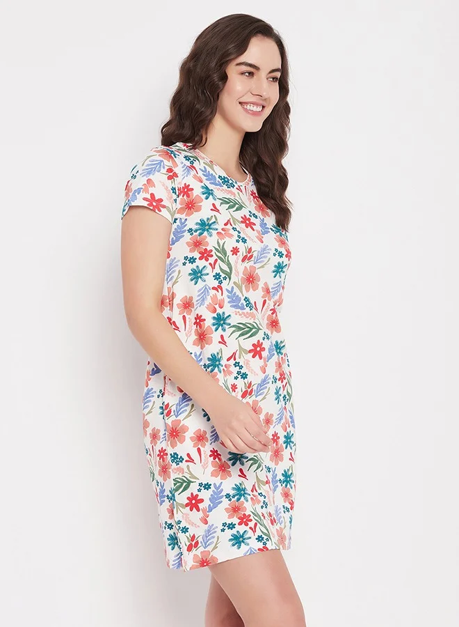 Clovia Clovia Pretty Florals Long Sleep Tee in White - 100% Cotton