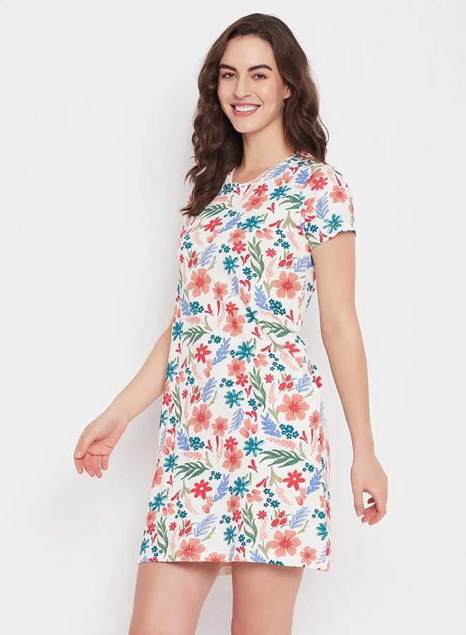 Clovia Clovia Pretty Florals Long Sleep Tee in White - 100% Cotton