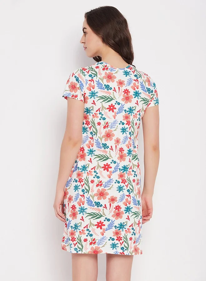 Clovia Clovia Pretty Florals Long Sleep Tee in White - 100% Cotton