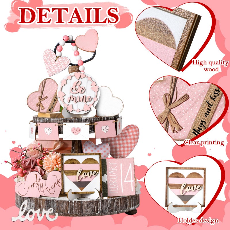 Marsui 19 Pcs Pastel Cottagecore Valentine's Day Tiered Tray Decor Set, Pink Pastel Wood Signs with Cute Be Mine Candy Hearts, Girly Valentines Table Decor for Home Kitchen Living Room - Image 4