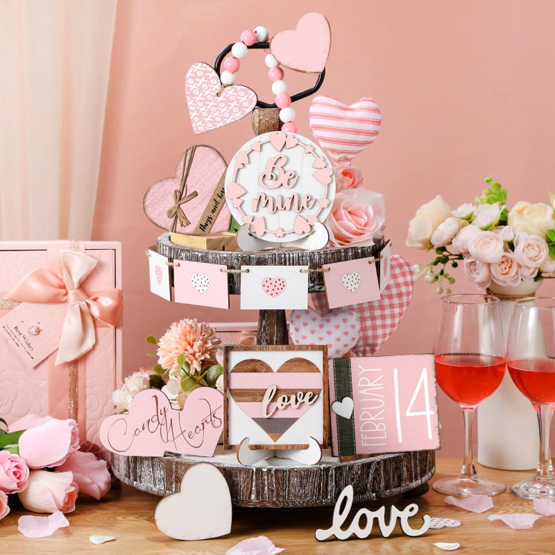 Marsui 19 Pcs Pastel Cottagecore Valentine's Day Tiered Tray Decor Set, Pink Pastel Wood Signs with Cute Be Mine Candy Hearts, Girly Valentines Table Decor for Home Kitchen Living Room - Image 2