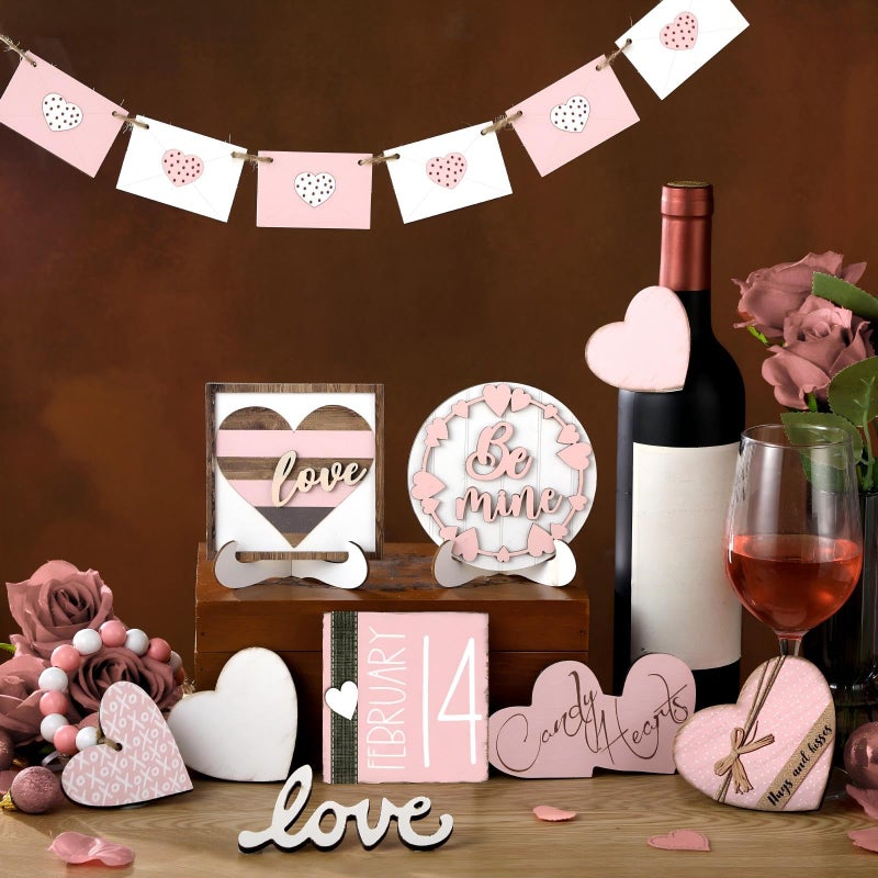 Marsui 19 Pcs Pastel Cottagecore Valentine's Day Tiered Tray Decor Set, Pink Pastel Wood Signs with Cute Be Mine Candy Hearts, Girly Valentines Table Decor for Home Kitchen Living Room - Image 5