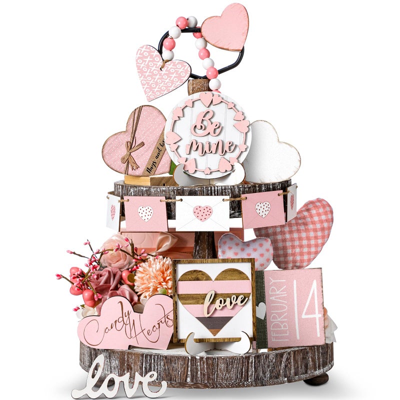 Marsui 19 Pcs Pastel Cottagecore Valentine's Day Tiered Tray Decor Set, Pink Pastel Wood Signs with Cute Be Mine Candy Hearts, Girly Valentines Table Decor for Home Kitchen Living Room - Image 1