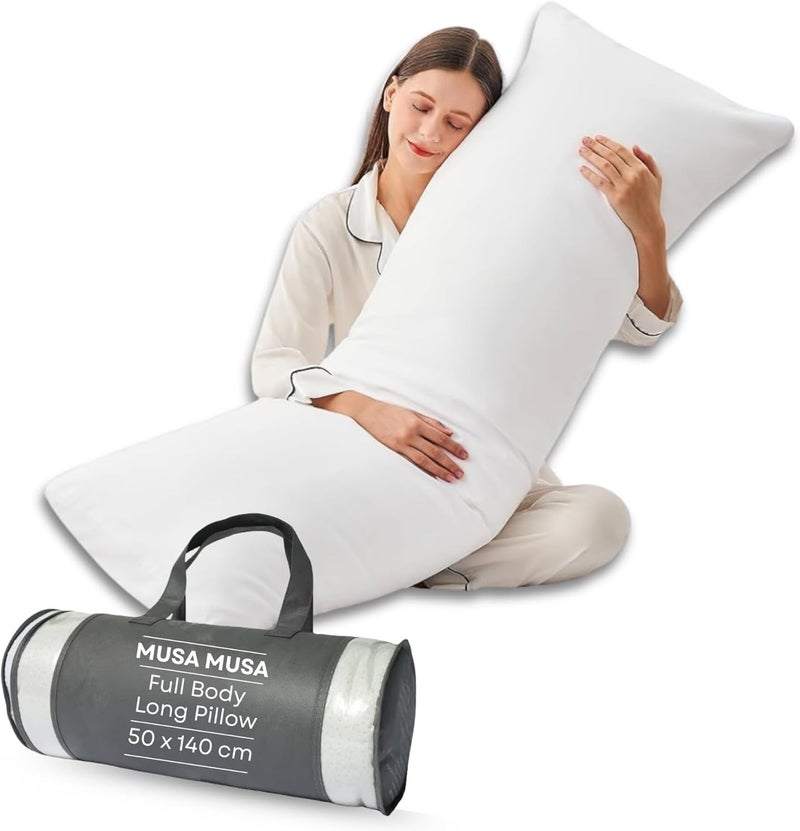 MUSA MUSA® Full Body Long Pillow with 300 Cotton TC - Breathable Polyester Filling, Pregnancy Pillow for Belly Support, Sleeping, Side Sleeper & Back Sleepers Maternity Pillow (White, 50 x 140cm) - Image 1