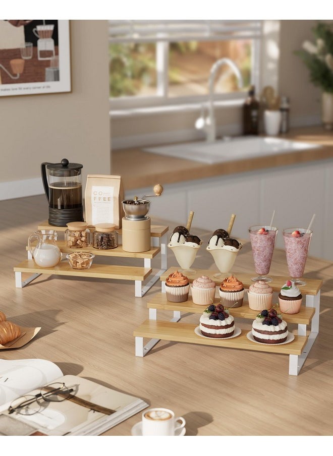 SONGMICS SONGMICS Display Risers, Set of 2 Engineered Wood Perfume Organizer Stand, 3-Tier Cupcake Stand Holder, Spice Rack, Shelf Risers for Figures, Dessert Shelves, Natural Beige and Cloud White UKCS016N02  - Image 3