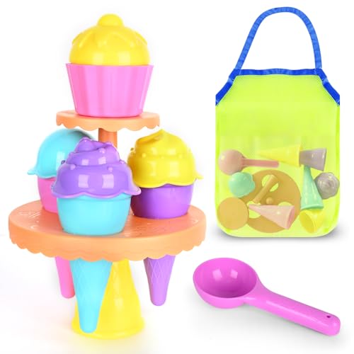 SupMLC Beach Toys Ice Cream Sand Toys Toddlers Beach Essentials for Kids Girls Boys Sand Molds Shovels with Collapsible Mesh Bag Travel Sand Box Toys for Beach Party Bath Toys Pretend Play - Image 1