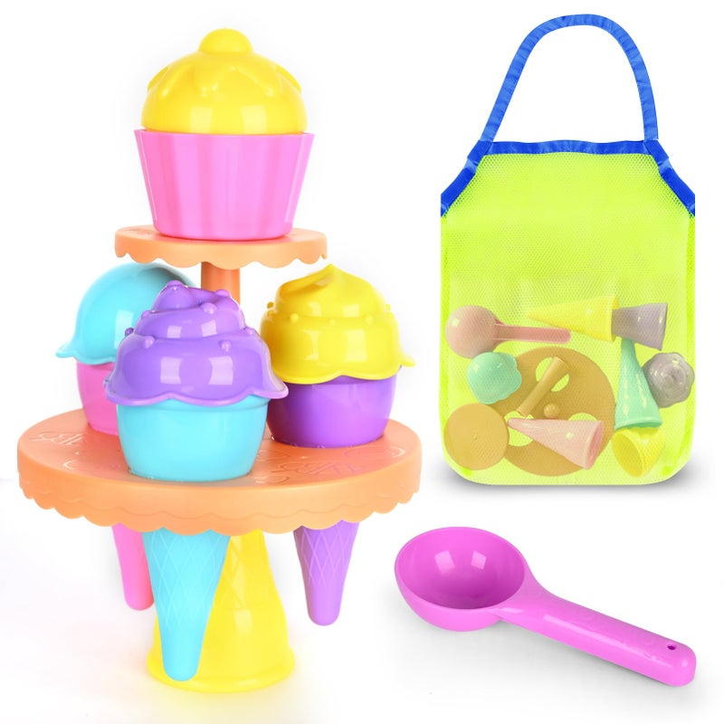 SupMLC Beach Toys Ice Cream Sand Toys Toddlers Beach Essentials for Kids Girls Boys Sand Molds Shovels with Collapsible Mesh Bag Travel Sand Box Toys for Beach Party Bath Toys Pretend Play - Image 4