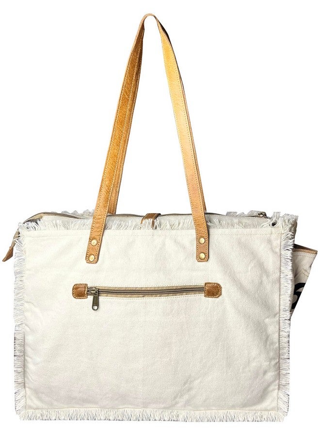 Rustic Town RUSTIC TOWN Canvas Leather Tote Bag for Women - Sel De Mer Upcycled Canvas Shoulder Bag Hobo Travel Handbag Ladies Purse Satchel, White  - Image 3