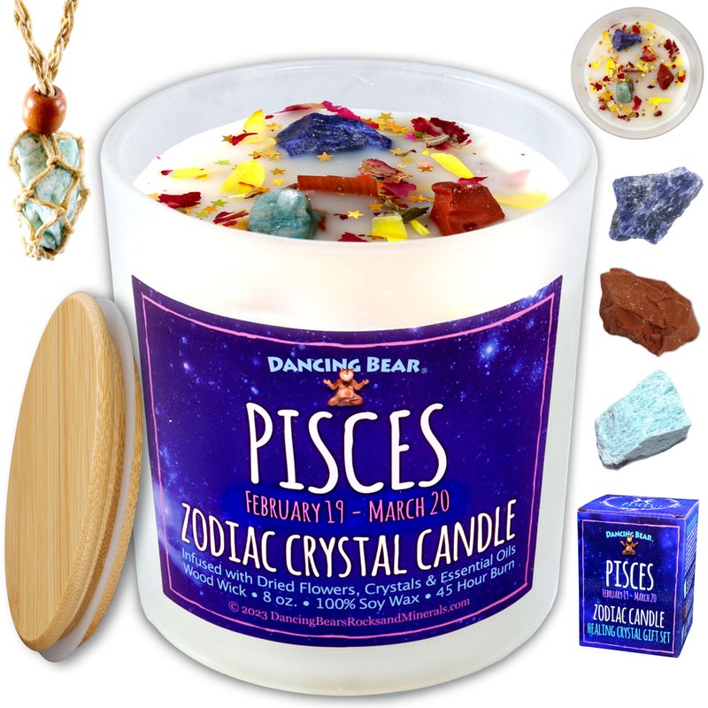 DANCING BEAR Pisces Zodiac Candle Gift Box Set with 3 Healing Crystals  Stone Holder Necklace 100 Soy Scented Wax Crackling Wood Wick 45 Hour Burn Time