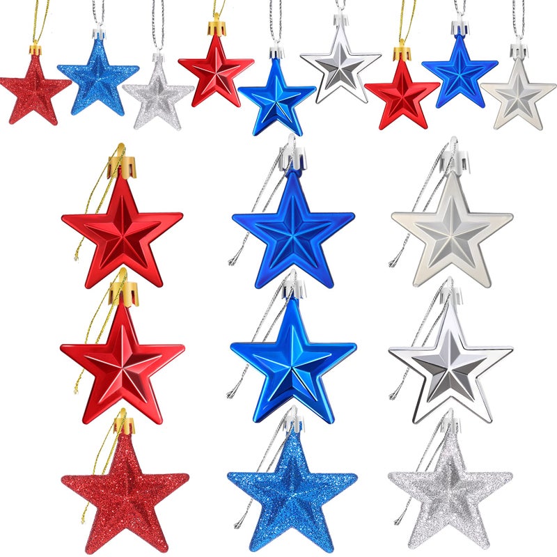 JULMELON 36Pcs Patriotic Star Ornaments Memorial Day Independence Day Labor Day Veterans Day Decorations for Home Party Christmas Tree Decor Blue Red and Silver