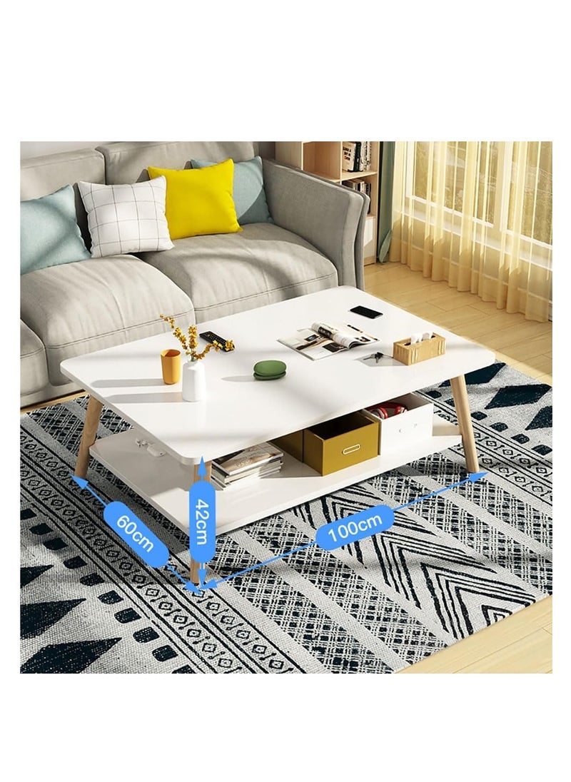 Generic - Modern Coffee Table Rectangle Tea Table 2 Tier Sofa Side Table White Wooden Leg Small Table with Open Storage Shelf for Home Living Room and Office (100 * 60cm, White) - Image 1