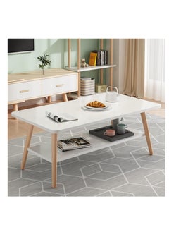 Modern Coffee Table Rectangle Tea Table 2 Tier Sofa Side Table White Wooden Leg Small Table with Open Storage Shelf for Home Living Room and Office (100 * 60cm, White)