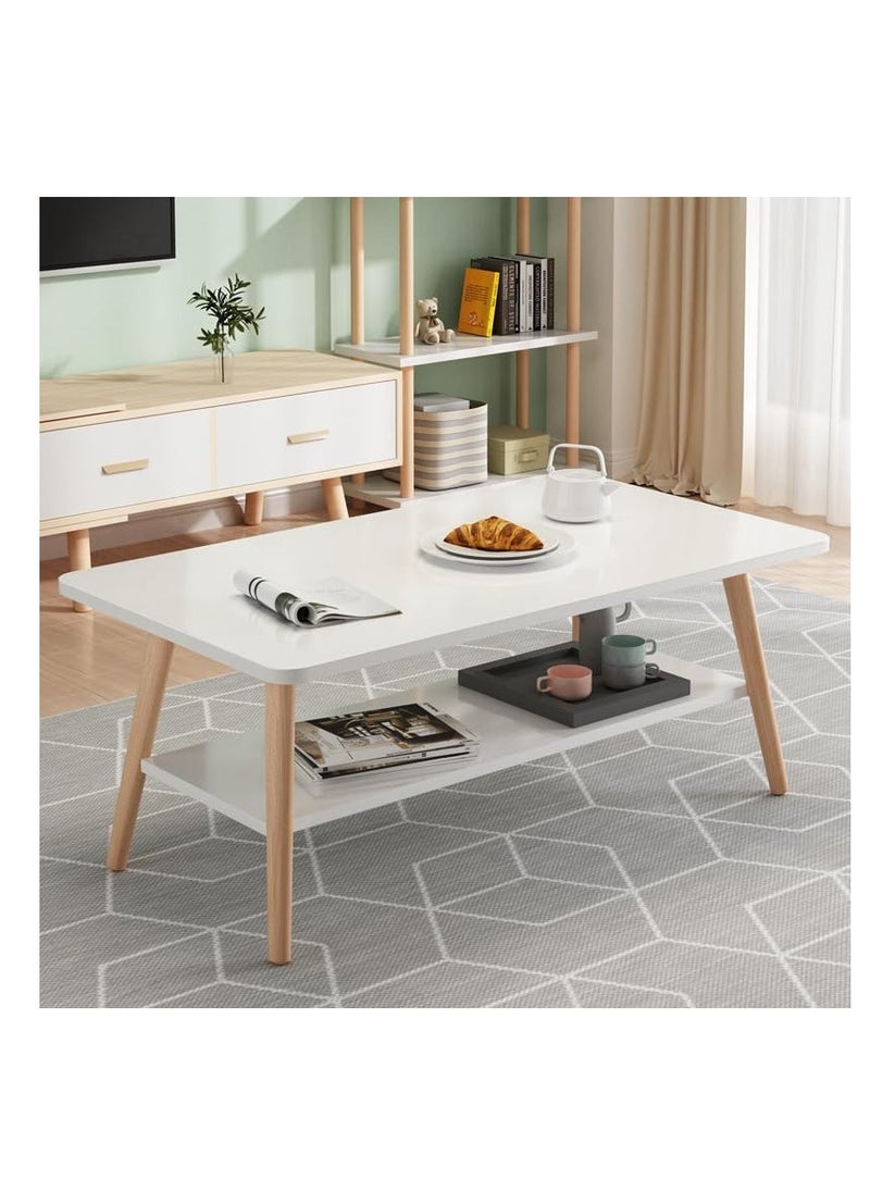 Generic - Modern Coffee Table Rectangle Tea Table 2 Tier Sofa Side Table White Wooden Leg Small Table with Open Storage Shelf for Home Living Room and Office (100 * 60cm, White) - Image 1