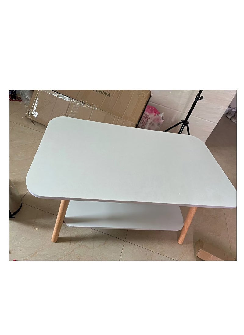 Generic - Modern Coffee Table Rectangle Tea Table 2 Tier Sofa Side Table White Wooden Leg Small Table with Open Storage Shelf for Home Living Room and Office (100 * 60cm, White) - Image 1
