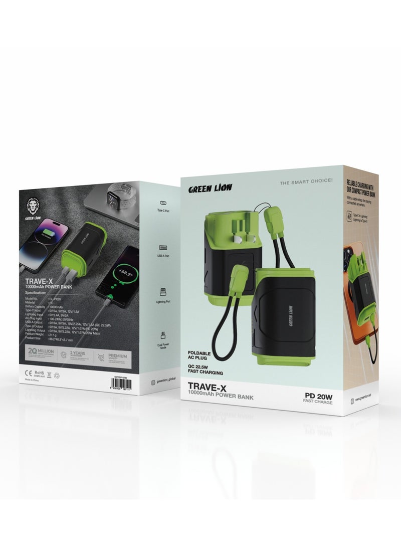 Power Bank 10000mAh Trave-X with Foldable AC Plug / Type-C/Lightning/USB-A Port / Reliable Charging / Compact and Lightweight / Easy to Carry / Dual Power Mode - Olive Green