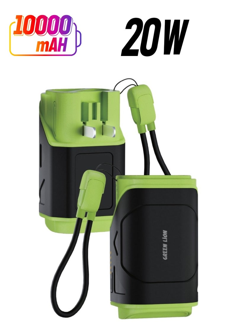 Power Bank 10000mAh Trave-X with Foldable AC Plug / Type-C/Lightning/USB-A Port / Reliable Charging / Compact and Lightweight / Easy to Carry / Dual Power Mode - Olive Green