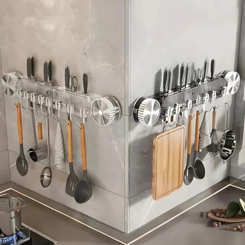 Prime Choice Primechoice Multifunctional Kitchen Wall Organizer Rack – Suction + Adhesive Mounted Holder with Knife Slot, Hooks, Lid Hanger & Cutting Board Storage | No-Drill Kitchen Tool Storage (Pack Of 1) - Image 4
