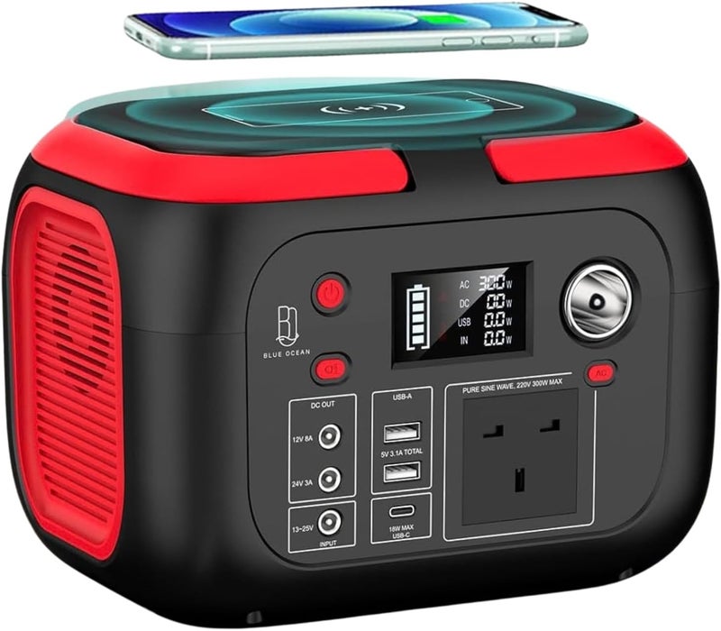Blue Ocean Portable Power Station Solar Generator 228Wh 300W, 220V Pure Sine Wave AC Outlet, Wireless Charging, USB-C, DC Output, Rechargeable Backup Battery for Camping Travel and Home Emergency - Image 1