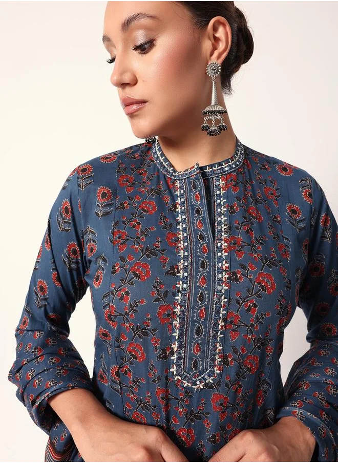 آي شين Women's Blue Cotton Textured Tunic Full Palazzo Regular Fit Kurta Set