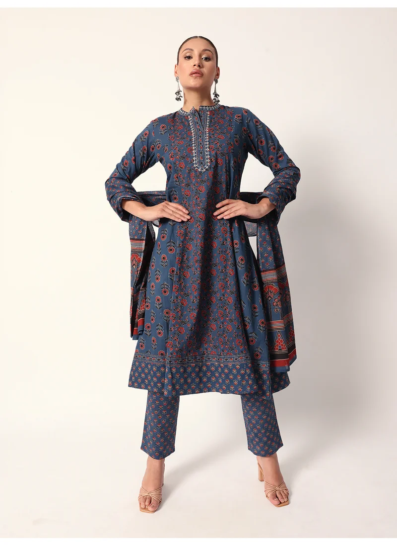 آي شين Women's Blue Cotton Textured Tunic Full Palazzo Regular Fit Kurta Set