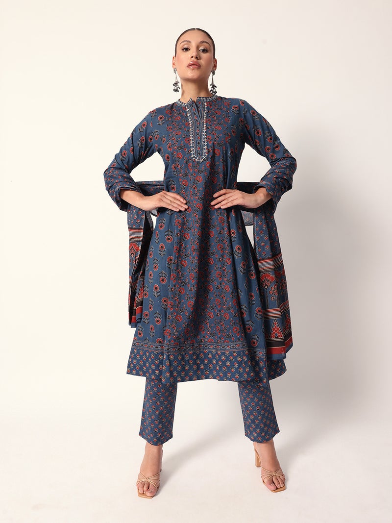 ISHIN Women's Blue Cotton Textured Tunic Full Palazzo Regular Fit Kurta Set  - Image 1