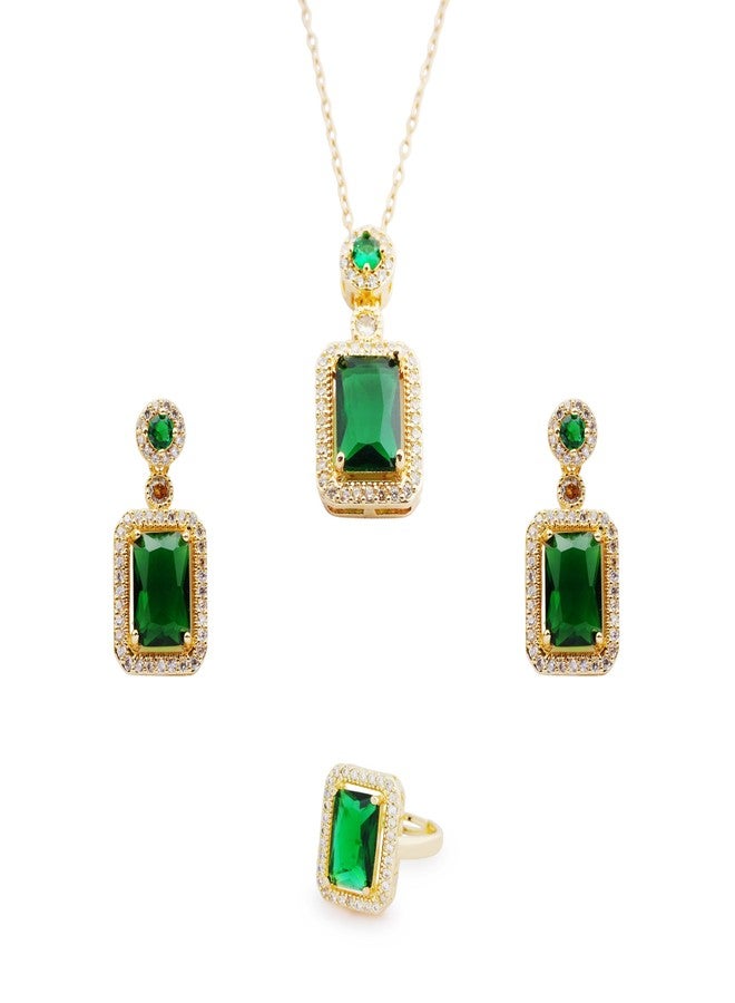 STYOLLO Latest Stylish Gold Necklace Fancy Traditional Jewelry Sets For Women & Girls | American Diamond Pendant, Earrings & Ring | Gold Plated | Wedding, Party, Jewellery Gift For Girls-(Green) - Image 1