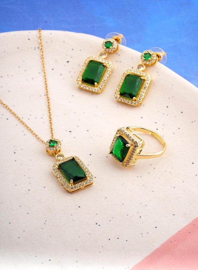 STYOLLO Latest Stylish Gold Necklace Fancy Traditional Jewelry Sets For Women & Girls | American Diamond Pendant, Earrings & Ring | Gold Plated | Wedding, Party, Jewellery Gift For Girls-(Green) - Image 2