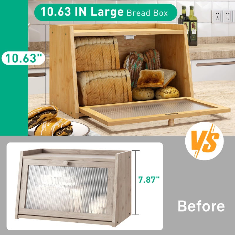 kiplant Bread Box for Kitchen Counter, Large Bamboo Bread Storage Container with Wavy Arcylic Door, Bamboo Wooden Farmhouse Bread Box for Your House (Natural, Medium) - Image 3