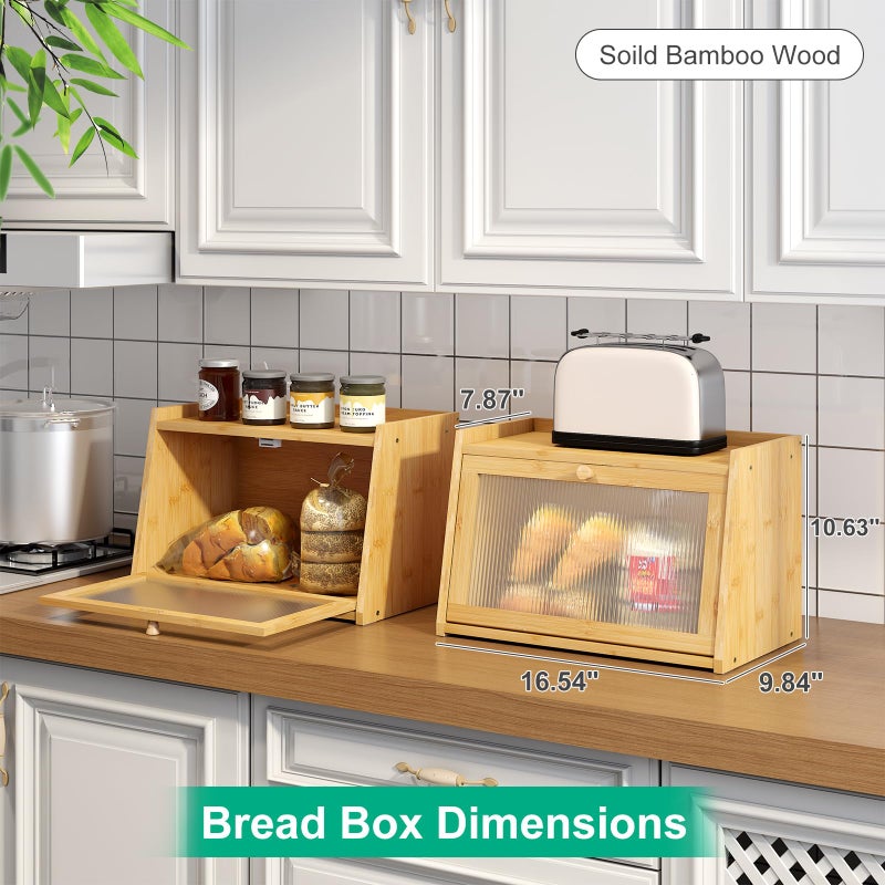 kiplant Bread Box for Kitchen Counter, Large Bamboo Bread Storage Container with Wavy Arcylic Door, Bamboo Wooden Farmhouse Bread Box for Your House (Natural, Medium) - Image 2