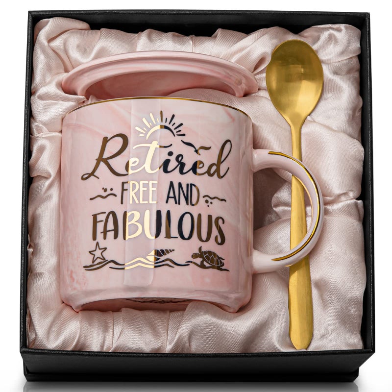 Retirement Gift for Woman 2025 Retirement Gifts for Women Coworker Leaving Farewell Going Away Goodbye Gifts Retired Free And Fabulous 14oz Pink Marble Coffee Mug Gift Box