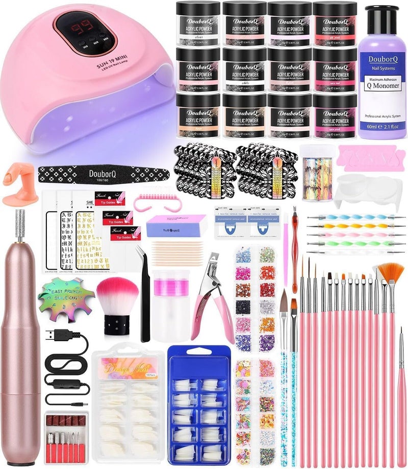 DouborQ Acrylic Nail Kit Starter Set 12 Colors Acrylic Powder Electric Nail Drill Lamp And Tips Tools Supplies for Beginner with Everything