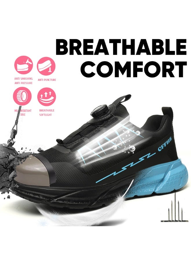 CFFHS Women's Safety Work Shoes, Breathable Steel Toe Anti-Smash Puncture-Resistant with Rotary Buckle, Black & Blue - Image 2