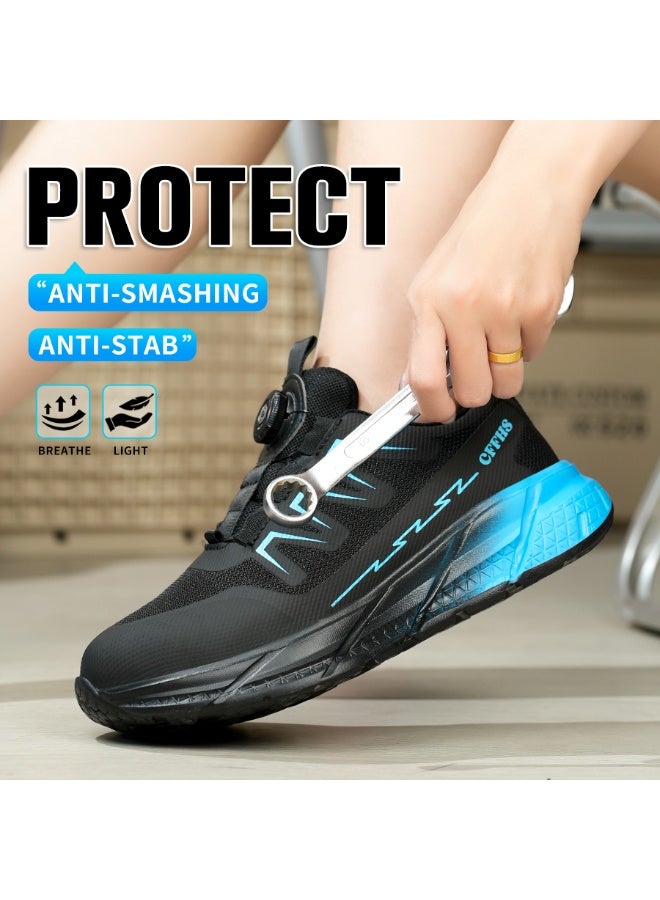 CFFHS Women's Safety Work Shoes, Breathable Steel Toe Anti-Smash Puncture-Resistant with Rotary Buckle, Black & Blue - Image 3