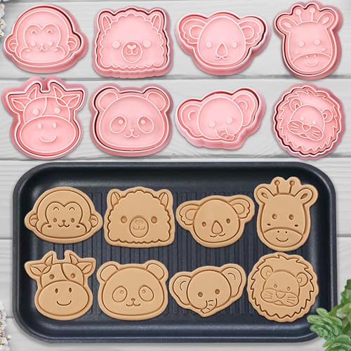 Lutoku 8 Mini Animal Cookie Cutters Set, 3D Raised Design Animal Embossing Stamps, Monkey, Alpaca, Koala, Giraffe, Cow, Panda, Elephant, Lion, Baking Molds (Forest-5) - Image 1