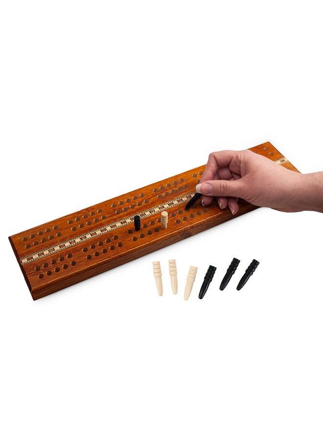 Sterling Games Extra Large Extra Long Cribbage 16" Wooden Game Board 2 Persons Double Track Board With 1/4" Holes And Italian Inlaid Large Wooden Pegs Great For Seniors And Children - Image 1