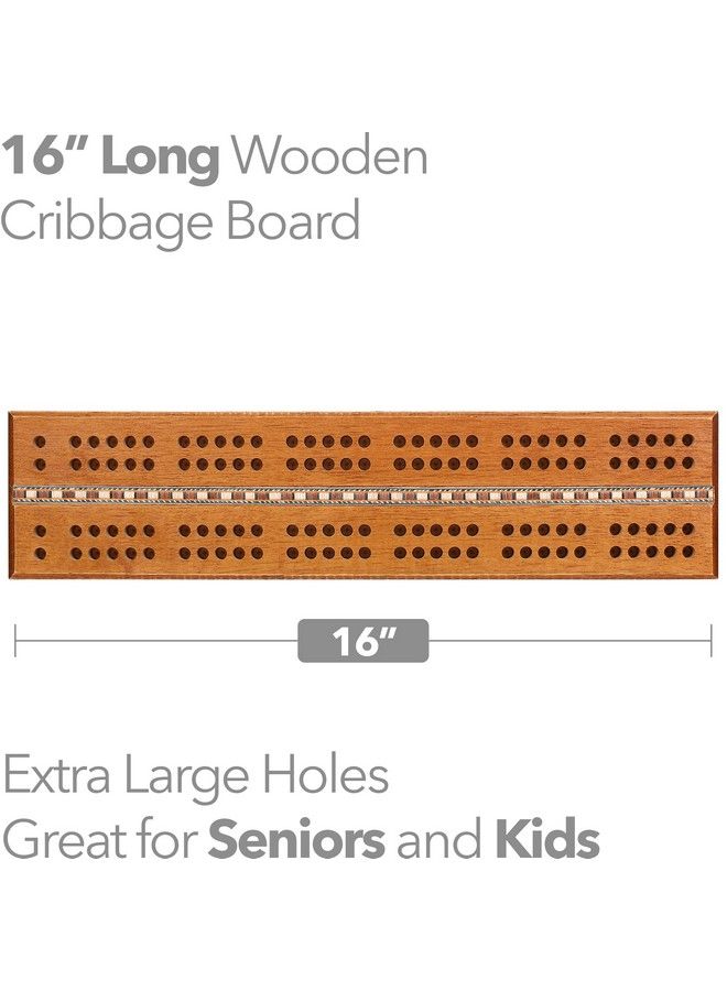 Sterling Games Extra Large Extra Long Cribbage 16" Wooden Game Board 2 Persons Double Track Board With 1/4" Holes And Italian Inlaid Large Wooden Pegs Great For Seniors And Children - Image 4
