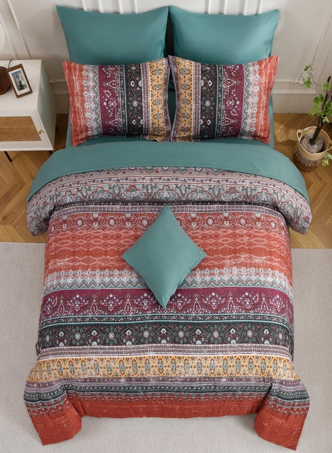 Cottolester Boho Queen Comforter Set 8 Pieces,Orange and Green Bohemian Striped Bed in a Bag,Paisley Soft Microfiber Bedding Comforter Set - Image 5