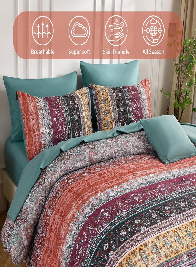Cottolester Boho Queen Comforter Set 8 Pieces,Orange and Green Bohemian Striped Bed in a Bag,Paisley Soft Microfiber Bedding Comforter Set - Image 3